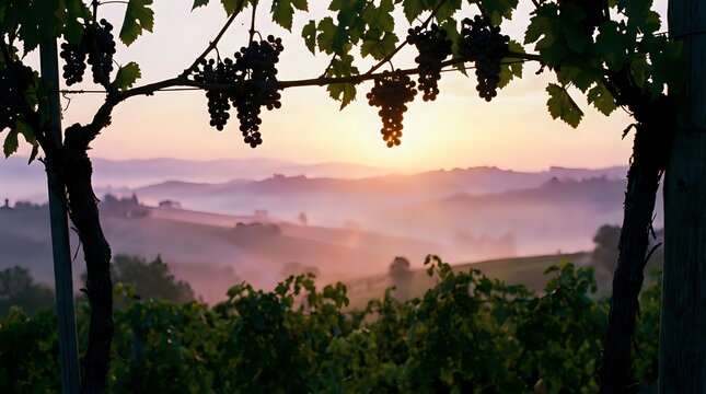 Grapevines frame misty valley landscape at sunrise with purple and golden light filtering through morning fog over rolling hills and vineyards.