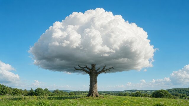 Surreal high-key visual of an oak tree whose foliage is replaced by a fluffy white cloud. Creative eco-art visual for environmental and weather topics.