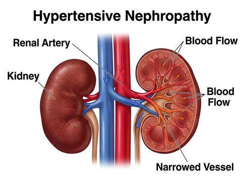 Hypertensive nephropathy in human kidneys with blood flow isolated on white background