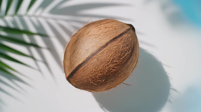 slow motion walnut rolling on textured blue surface