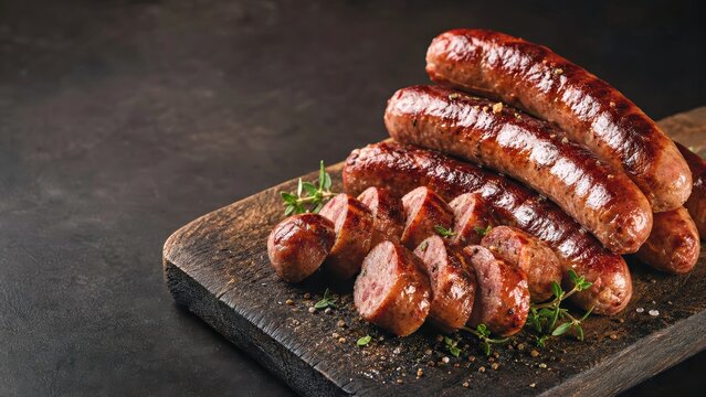 Grilled sausages on rustic wooden board with sliced pieces for butcher shop advertising barbecue branding and savory meat promotion.

