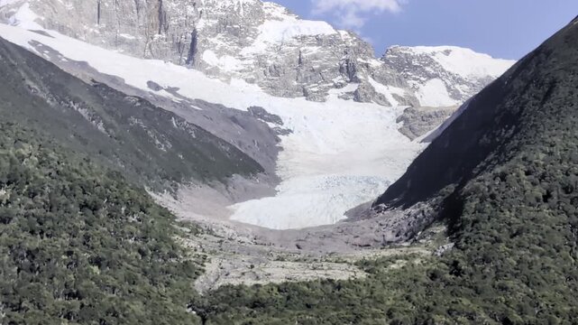 Seco Glacier Descending Through Mountain Valley in Patagonia