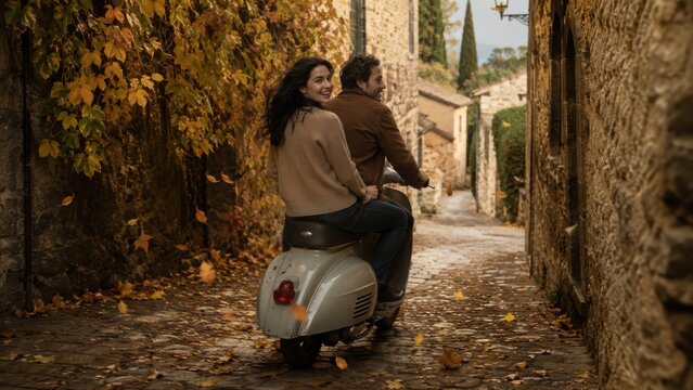 Gl&uuml;ckliches Paar f&auml;hrt mit einem Motorroller durch eine historische Gasse eines italienischen Dorfes im Herbst. Fallende Bl&auml;tter und warmes Licht vermitteln mediterranes Lebensgef&uuml;hl.