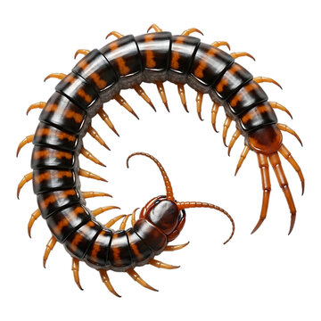 A detailed closeup of a large tropical centipede isolated on transparent background