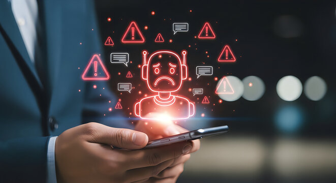 Businessman holding a smartphone with a holographic sad robot icon surrounded by warning signs and chat bubbles, representing ai errors and technical issues