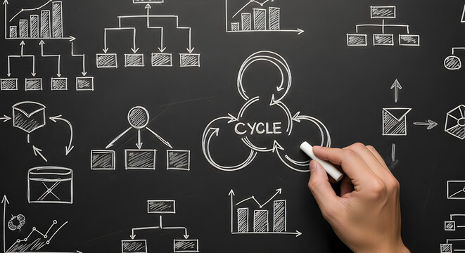 Hand drawing business cycle diagram on blackboard with charts