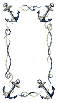 Nautical frame border with anchors and twisted rope in navy and cream, perfect for invitations, cards, and coastal-themed designs.