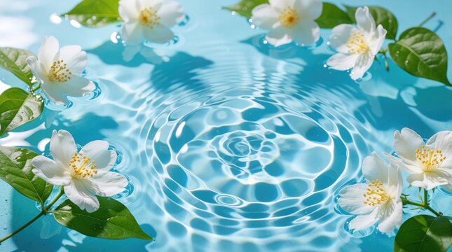 White jasmine flowers float on bright blue water surface. Fresh petals drift in liquid creating gentle ripples. Botanical blossoms create calm floral pattern. Natural spring mood brings relaxation,