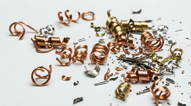 Scattered copper wire coils and brass components with metal shavings on white surface, suitable for electronics, recycling, industrial, and manufacturing concepts.