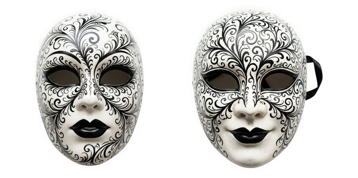 Two white fullface masquerade masks with intricate black floral scrollwork patterns isolated on transparent background