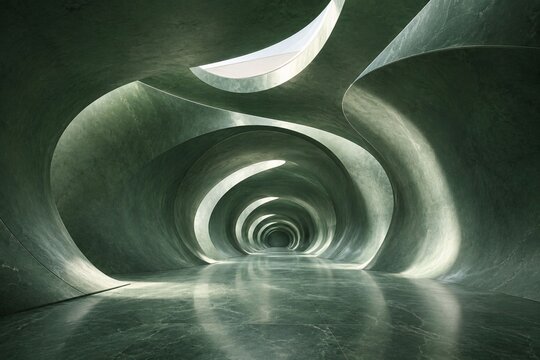 Emerald Parametric Tunnel Interior with Organic Curves and Skylight, Luxury Futuristic Architecture Background