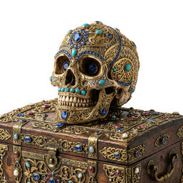 An intricately carved human skull adorned with blue and turquoise gemstones sitting on a jeweled wooden chest isolated on transparent background