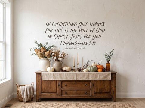 Thanksgiving wall decor with 1 thessalonians 518 bible verse and autumn pumpkins 