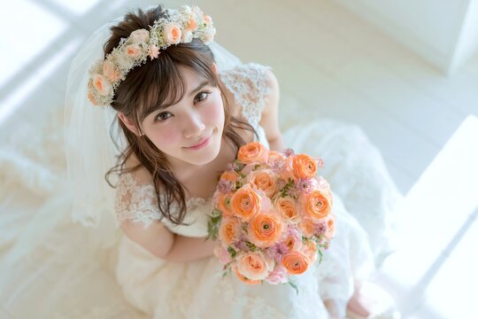 ウェディングドレスの日本人花嫁が花冠とブーケで笑顔