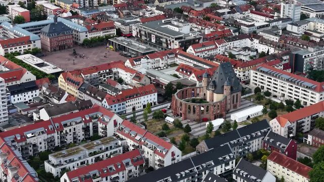  Aerial panorama view around the old town beside the city Hanau in Germany Hesse on a sunny summer noon