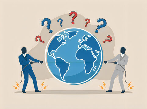 Two businessmen in a tug of war over a globe with question marks, representing global conflict, uncertainty, and international competition