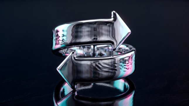 Eternal Loop Ring: A sleek, silver ring designed with intertwined arrows, symbolizing an endless cycle or eternal connection, presented on a dark, reflective surface.