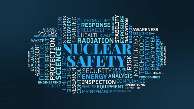 Nuclear Safety Word Cloud Animation with Radiation Science Typography on Dark Blue Background