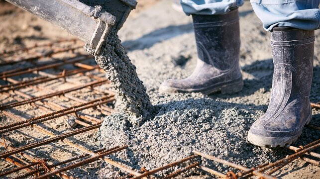 Concrete is poured from a chute onto a grid of steel rebar by a construction worker in boots.