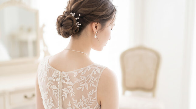 結婚式直前に控室で気持ちを落ち着かせる花嫁の女性 ウェディングドレスとヘアアレンジ