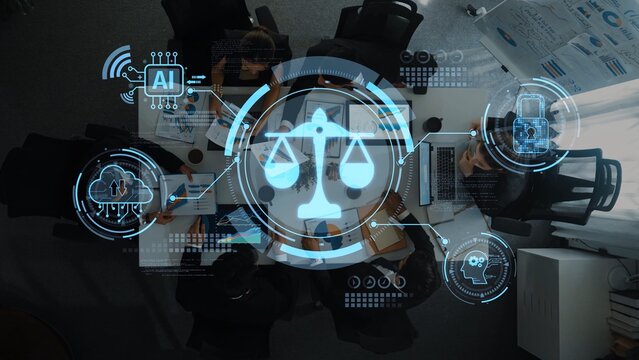 A modern office scene showcasing digital transformation in law firms, emphasizing artificial intelligence, data analytics, and collaboration tools for enhanced legal solutions. Raster