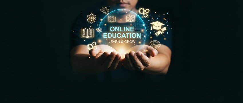 Online education concept with hands holding glowing digital icons including books, gears, and learning symbols against dark background for e-learning and training.