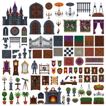Medieval castle interior set, gothic decor and furniture vector collection, throne room elements, chandeliers, stained glass windows, tapestries and plants Halloween Editable SVG