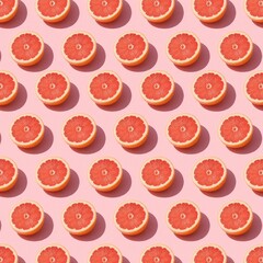 Fototapeta premium Seamless pattern with juicy grapefruit halves on pink background. Vibrant citrus fruit slices repeat in geometric grid layout. Summer fresh food wallpaper design for wellness blog skincare product