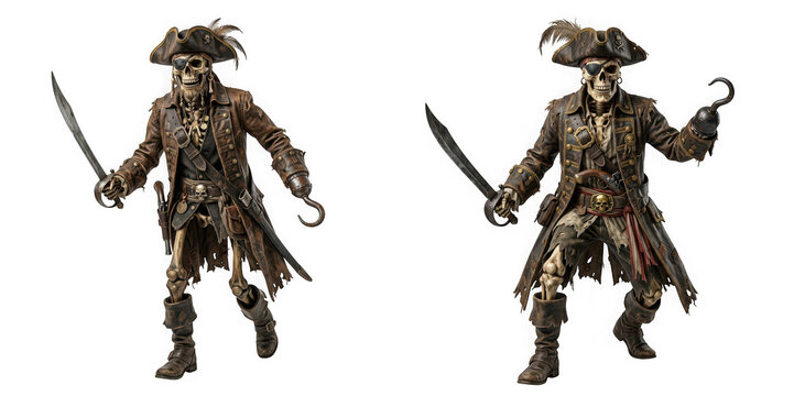 Full body studio shot of a detailed skeleton pirate action figure wearing a weathered coat and hat isolated on transparent background