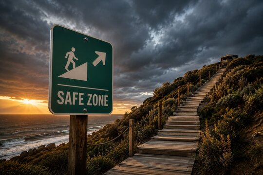Safe Zone Emergency Sign Pointing to Higher Ground Above Stormy Coast for Disaster Preparedness and Coastal Evacuation