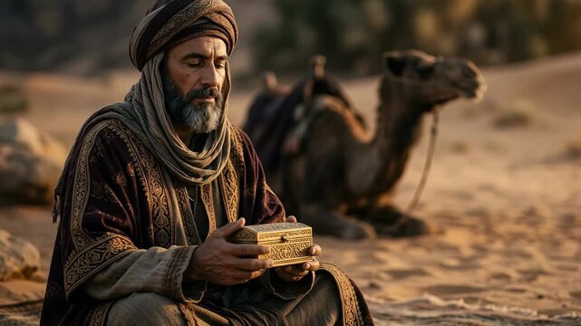 Biblical wise man holding small wooden gift box in sandy desert with resting camel at warm sunset celebrating christian epiphany and christmas during holy sacred religious journey