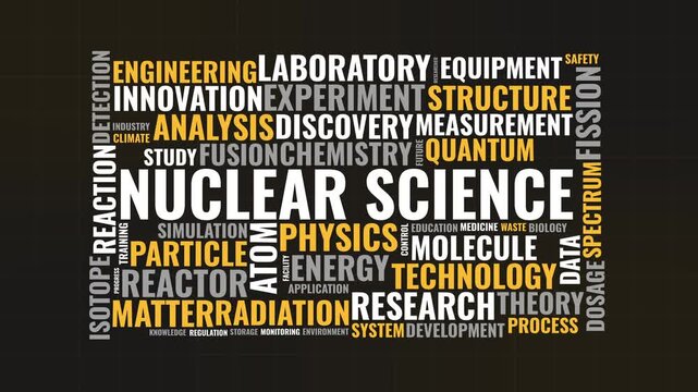 Nuclear science word cloud animation with physics and energy research 