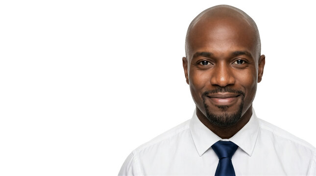 Man looking at camera with warm smile wearing white shirt and blue tie. Portrait taken in studio with clear white background. Concept of corporate, employment, personal branding