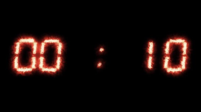 Glowing fiery digital countdown timer from fifteen to zero. Fiery numerical score display, fiery fiery glowing numbers symbol.