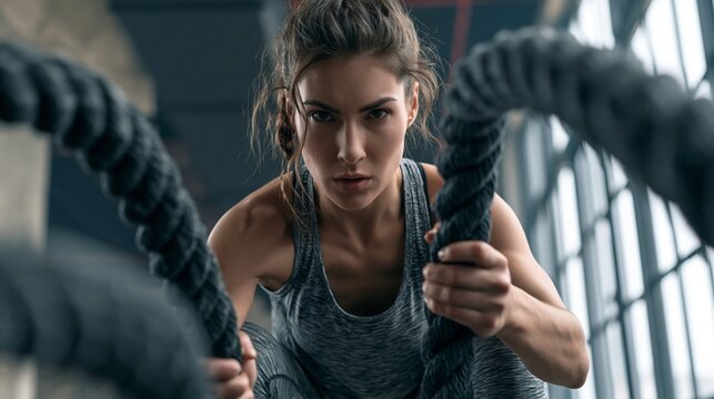 Athletic Woman Performs Battle Rope Exercises in a Functional Training Area With Focus and Strength