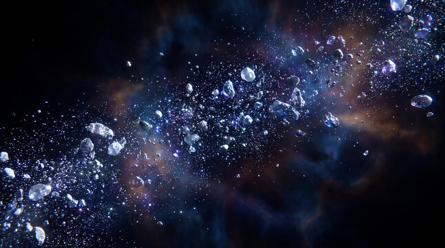 Cosmic asteroid ring system background with glowing crystal space rocks