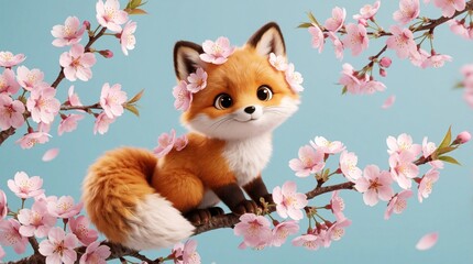 Fototapeta premium Cute fox cub sits on cherry blossom branch. Pink flowers adorn fluffy animal. Gentle spring scene for kids, nature themes, sweet animal art.
