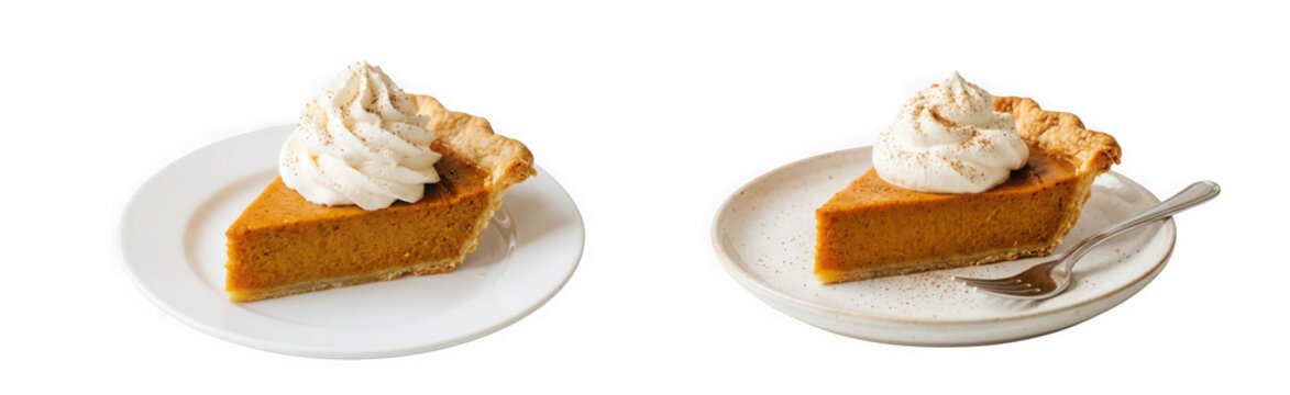 Two slices of pumpkin pie with whipped cream isolated on transparent background
