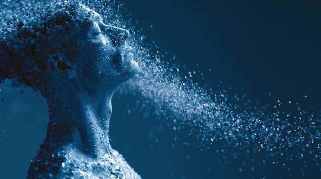 high-end conceptual illustration of a human silhouette gradually transforming into clean geometric pixels, dark blue background