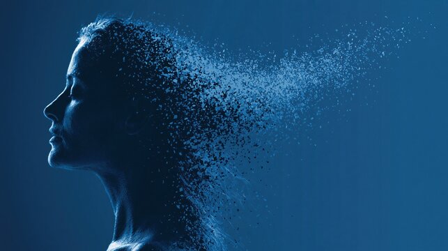 high-end conceptual illustration of a human silhouette gradually transforming into clean geometric pixels, dark blue background
