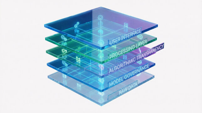 Isometric data architecture layers for AI governance, 3D glass platform stack for algorithmic transparency and model processing, blue tech infrastructure