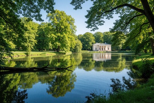 Scenic park in Arkadia Poland featuring historic temple building near peaceful lake water. Rich green trees surround calm pond with clear sky reflection. Summer daylight illuminates ancient