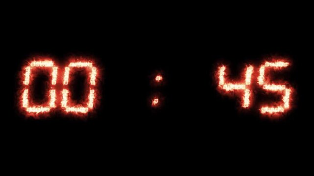 Fire countdown timer, burning electronic clock numbers, flaming stopwatch digits, glowing hot neon numerals, time expiration sequence.