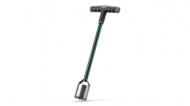 Professional bulb planter tool with serrated steel head, manual garden soil transplanter with ergonomic T-handle, heavy duty gardening equipment isolated PNG with Transparent Background