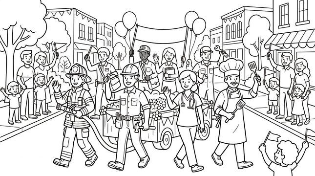 People of different occupations waving during a parade in a city center street line.