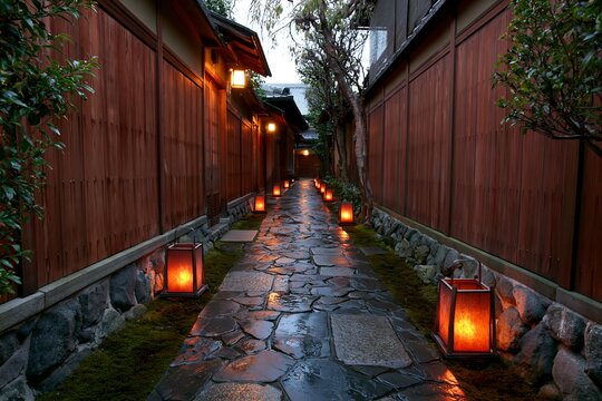 情緒あふれる和風の夜の道石畳と提灯が照らす小径