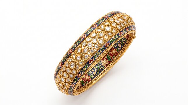 Vintage gold kundan bangle with diamonds and meenakari enamel, traditional indian bridal jewelry, ornate antique gold bracelet for wedding isolated PNG with Transparent Background