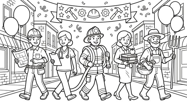 Labor day coloring page featuring diverse workers marching in town parade with joy.
