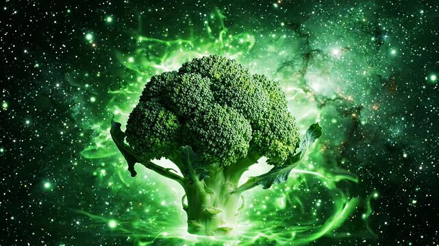 Broccoli floret with green cosmic nebula background.