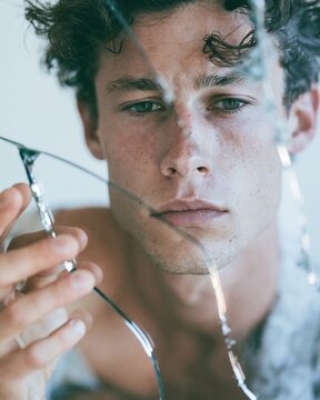 one fictional male portrait seen through a cracked transparent screen, parts of the reflection slightly misaligned